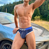 PUMP! Workout Briefs men's moisture wicking briefs in sapphire blue, front view