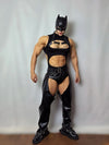 Front view of SENWUYITANG men's black harness costume set with bodysuit, briefs, leg covers and hood
