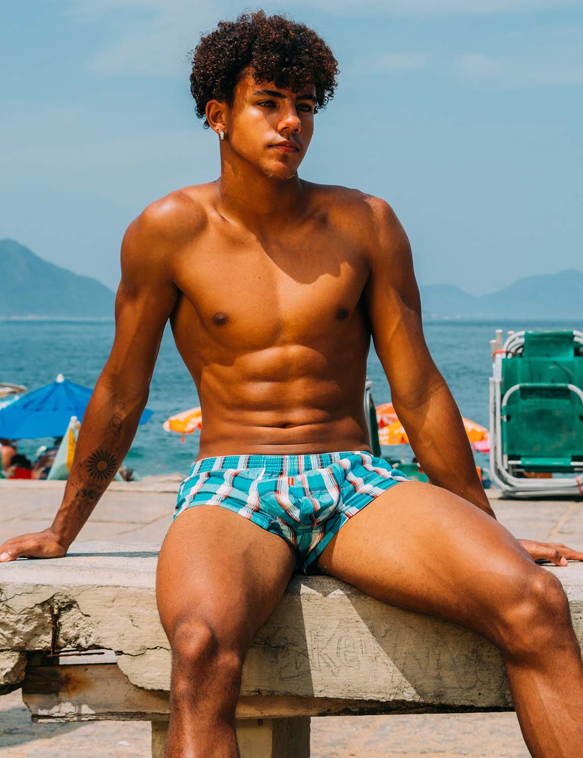 SEOBEAN Checkered Fit Bulge Pouch Boxers men's underwear in blue, front view