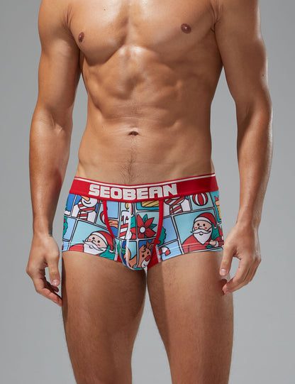 Holiday celebration|Christmas party|Winter lounging|Romantic gift|Breathable|Butt-lifting|Festive style|Body accentuation|Holiday mood|Lightweight comfort|Men's trunks|Low-rise underwear|Christmas underwear|SEOBEAN briefs|Cerulean Blue|Front view
