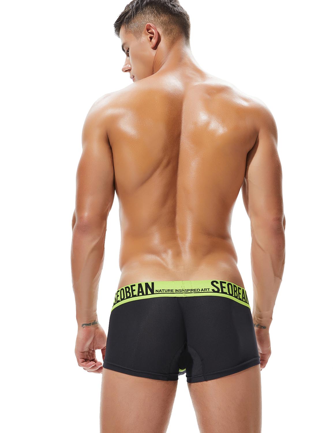 Daily wear|Summer lounging|Gym sessions|Pride events|Beachwear|Breathable|Lightweight|Mesh fabric|Coolness|Ventilation|Comfort|Minimal coverage|Men's trunks|Low-rise underwear|Mesh trunks|Sexy mesh underwear|Black|Back view