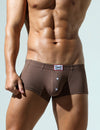 Daily wear|Home lounging|Casual outings|Romantic nights|Comfortable|Soft waistband|Non-restrictive|Relaxed fit|Gentle feel|Basic coverage|Soft support|Men's trunks|Low-rise underwear|Buttoned trunks|Casual underwear|Brown|Front view