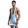 Left-side view of TAUWELL Fitness Bodysuit with Comfort Fit feature in Sky Blue.
