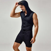 Front view of TAUWELL Hooded Sleeveless Bodysuit with Comfort Fit feature in Black.