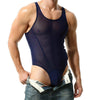 Front view of TAUWELL Sheer Bodysuit with Comfort Fit feature in Dark Blue.