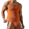 Left-side view of TAUWELL Sheer Bodysuit with Comfort Fit feature in Orange.